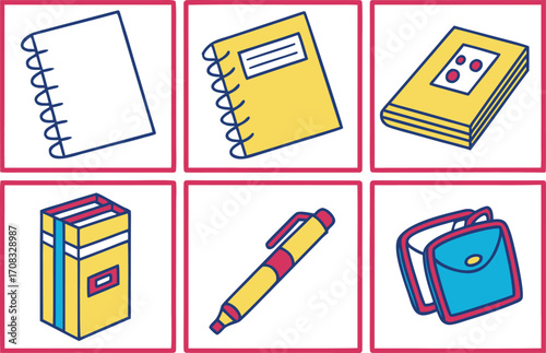 Collection of School Supplies: Notebooks, Books, Pen, and Backpack vector Illustration