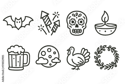 Festive icons: halloween and thanksgiving black outline on olive background