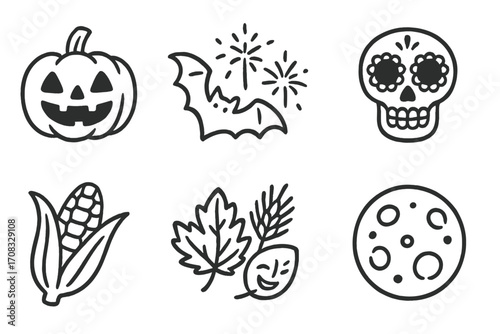 Halloween icons featuring pumpkin, bat, sugar skull, corn, leaves, fireworks, and moon on dark background