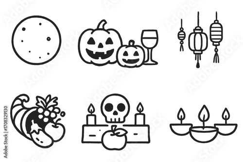 Halloween and festive icons: pumpkins, lanterns, and seasonal symbols in line art