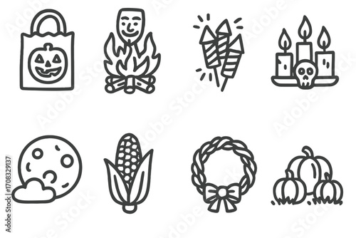 Halloween icons collection: pumpkins, bonfire, candles, and autumn symbols in linear style