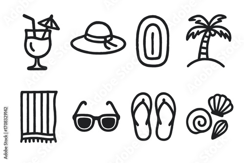 Monochrome beach icons: relaxation and vacation essentials