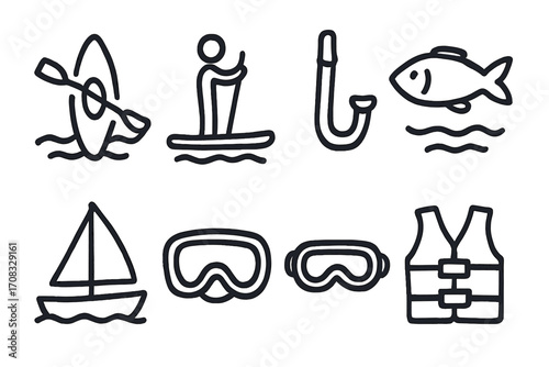 Adventure water sports icons: kayaking, snorkeling, paddleboarding, sailing, fishing