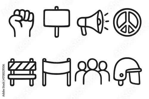 Chalk-style protest icons: peace, fist, megaphone, community, helmet