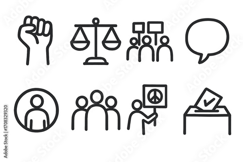 Linear icons representing social justice and civic engagement