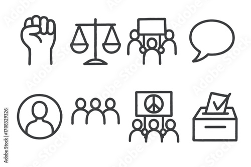 Social justice icons: advocacy, equality, and community symbol set