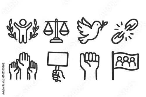 Linear icons of peace and human rights with dove, scales, and unity symbols