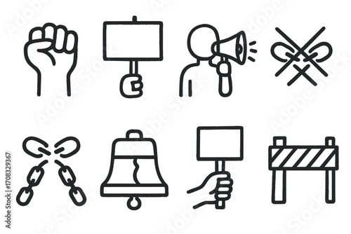 Protest and freedom icons set in linear style on dark background