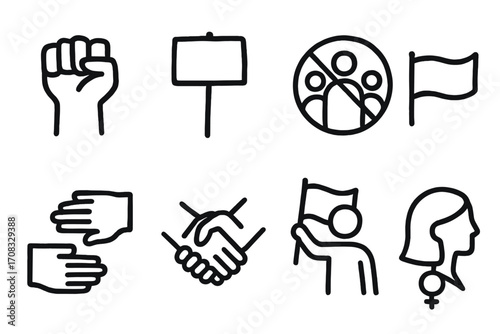 Social activism icons: raised fist, protest sign, community, unity, feminism