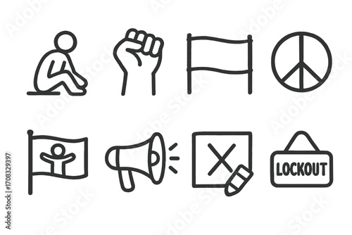 Protest and social movement icons: linear peace and activism symbols