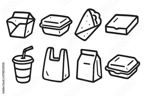 Hand drawn icons of takeout containers on dark background