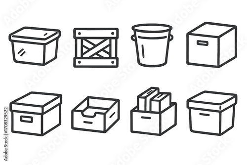 Set of hand-drawn storage boxes and containers icons on dark background