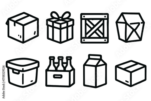 Line icons of various packages and containers on cardboard texture background