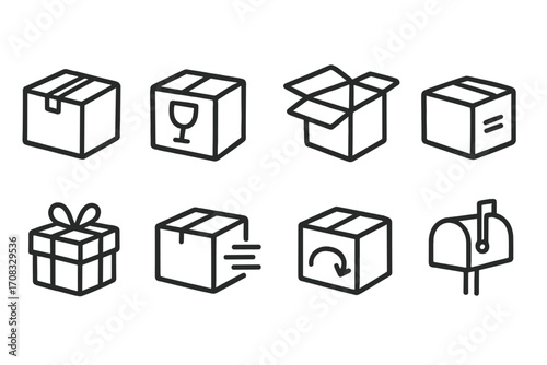 Outline icons of shipping and delivery boxes on black background