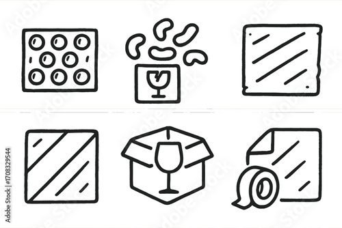 Packaging symbols in simple line art style representing different materials and handling instructions