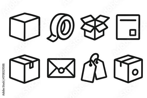 Minimalist shipping icons on dark background: boxes, labels, tape, and mail