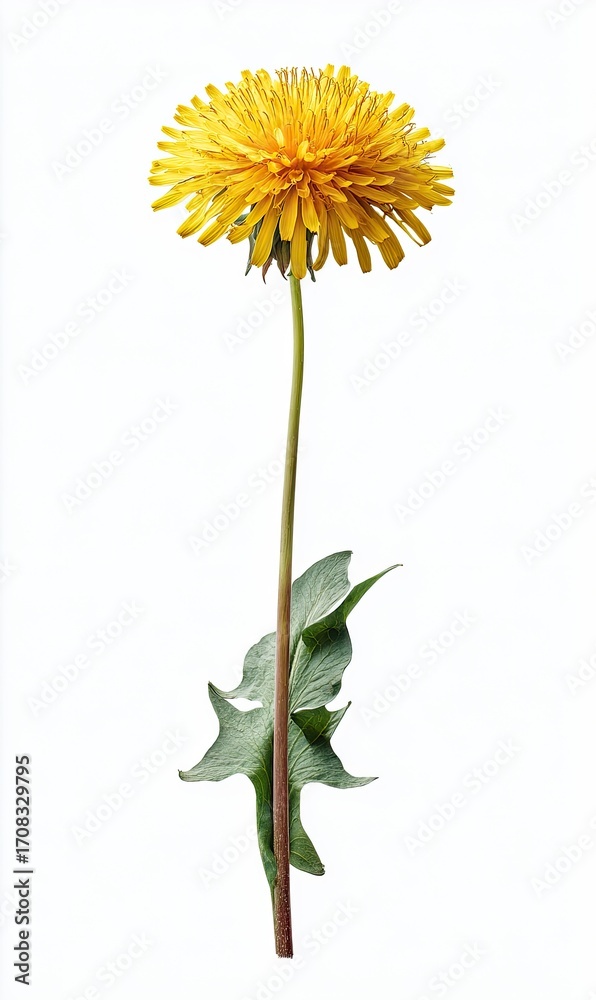 Obraz premium Single dandelion flower, vibrant yellow head, long stem, and green leaves, isolated on white background
