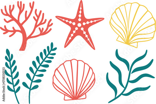 Colorful Cartoon Coral, Starfish, Seashells, and Seaweed on vector Illustration White Background