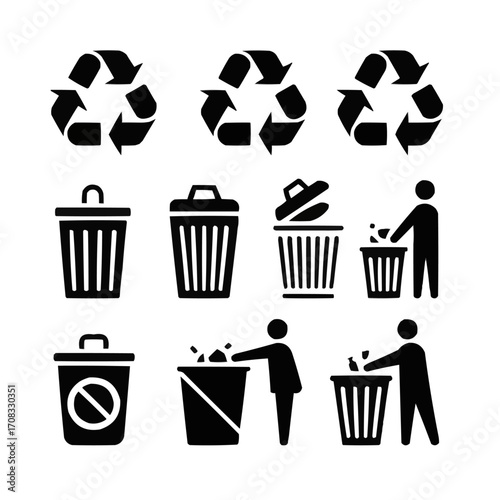 Flat Design Recycle Bin and Trash Can Icon Set Vector Illustration for Eco Friendly Waste Sorting and Garbage Disposal