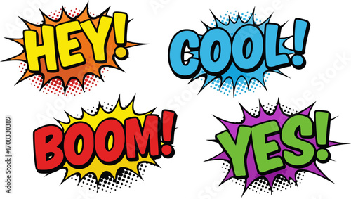 A vibrant collection of pop art comic book style exclamation words for dynamic design and communication