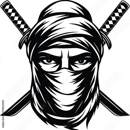 Masked ninja warrior glares powerfully with crossed katana swords in striking black and white