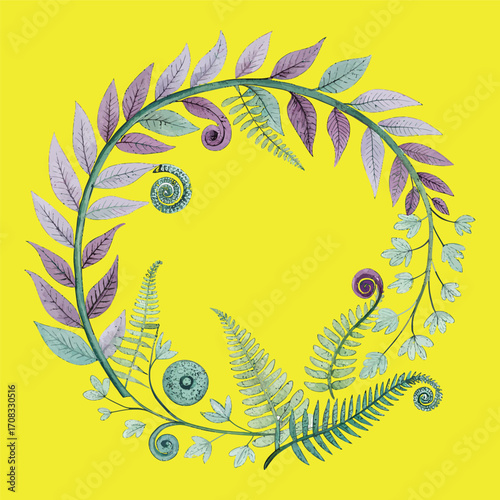 Abstract vector art of a peacock feather with floral and leaf patterns in a colorful, ornamental design.