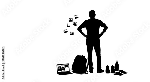 Photographer planning adventure with gear and laptop showing travel photos inspiration