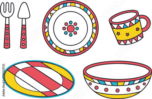 Colorful Cartoon Utensils, Plates, Bowl, and Mug on vector Illustration White Background