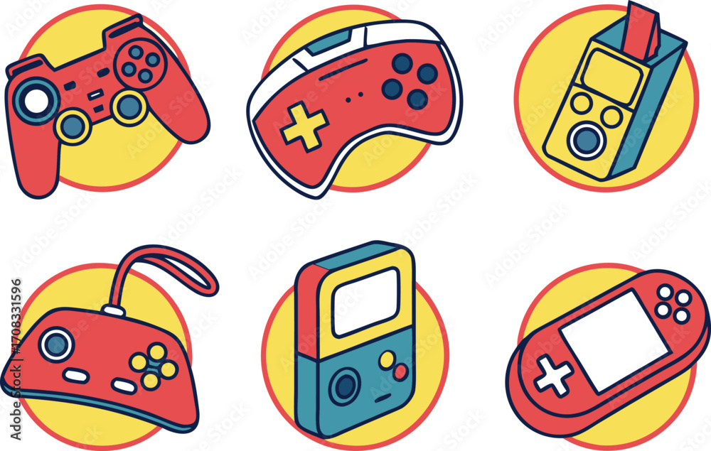 Fototapeta premium Retro Gaming Icons: A Collection of Vintage Video Game Controllers and Devices vector Illustration