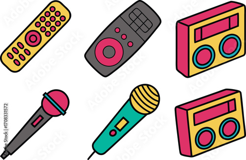 Retro Entertainment Icons: Microphones, Remotes, and Boomboxes vector Illustration