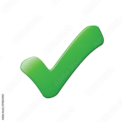 A vibrant, glossy green checkmark symbol, indicating correctness, approval, or completion, isolated on a white background.
