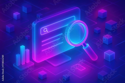 Cyber Search: A glowing computer screen displays a search bar under a magnifying glass, suggesting an online search or web browsing. The image is stylized with neon and tech-focused colors.