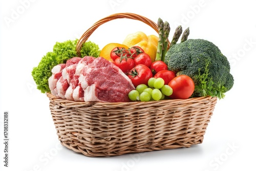 A wicker basket overflowing with fresh produce and meat.  Red meat slices, lettuce, grape tomatoes, green grapes, bell pepper, asparagus, and broccoli are all neatly arranged