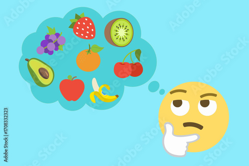 Vector illustration of thinking emoji imagining fresh fruits like banana, kiwi, strawberry, orange, apple, cherry, avocado, symbolizing food choice, healthy eating, nutrition, and lifestyle decisions.