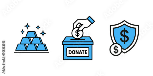 Financial icons. Gold and donation box