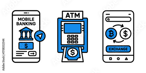 Cryptocurrency exchange and ATM mobile banking icons