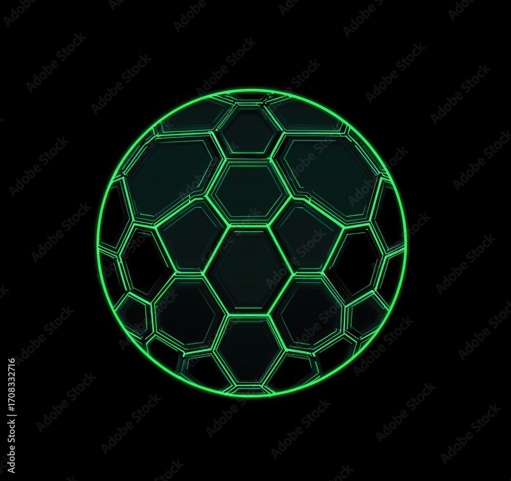 Naklejka premium A dark sphere composed of glowing green hexagonal panels, creating a futuristic, geometric soccer ball design against a black background
