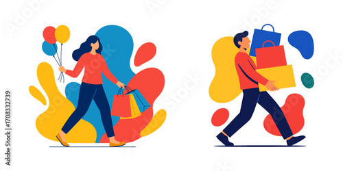 A boy and a girl carry gifts and balloons