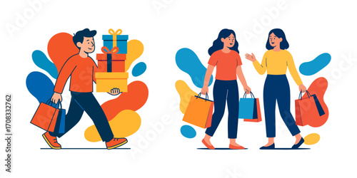 Girlfriends and boyfriend with gifts and shopping