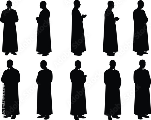 Priest silhouettes vector collection, religious clergy illustrations, Christian pastor icons, church leader graphics, black robe shapes, Catholic bishop clipart, editable design resources