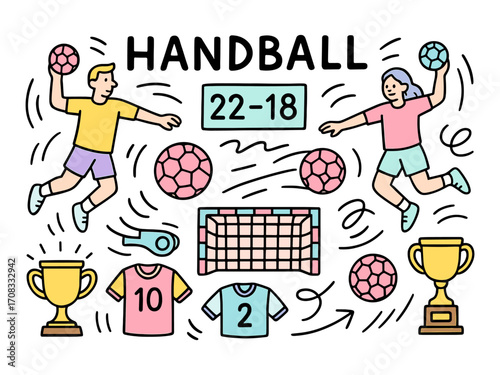 Handball sport icons. Featuring sports equipment icons