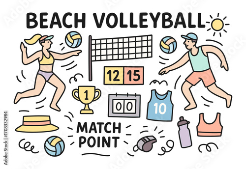 Beach volleyball sport icons. Featuring sports equipment icons