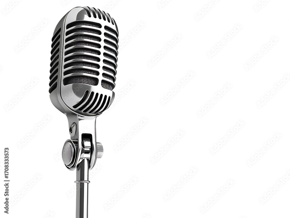 Fototapeta premium Vintage silver microphone on a stand isolated on transparent background