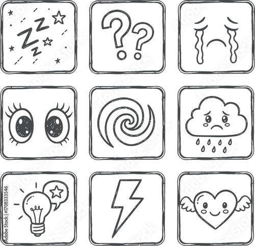 Set of Hand-Drawn Doodle Icons: Emotions and States of Mind - Sadness, Anger, Confusion