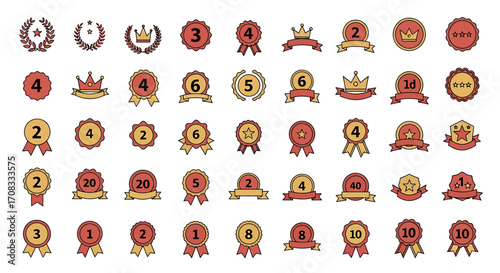 Collection of Award Ribbons and Medals with Numbers and Crowns.