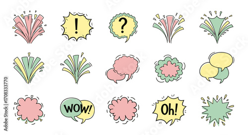 Collection of Colorful Hand-Drawn Speech Bubbles and Explosions.