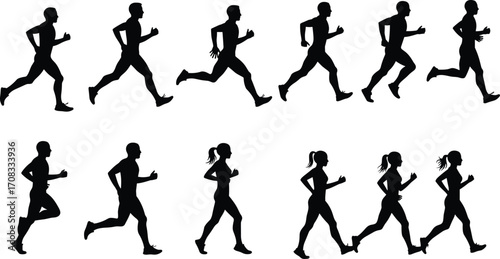 Running silhouette collection, jogging athlete figures, male and female runners, fitness training vector, marathon exercise graphic, healthy lifestyle sport illustration, editable design resource