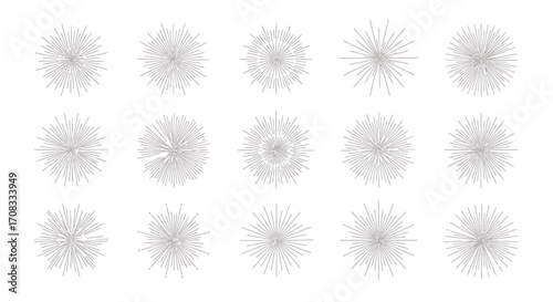 Collection of Fifteen Abstract Gray Line Art Sunburst Designs.