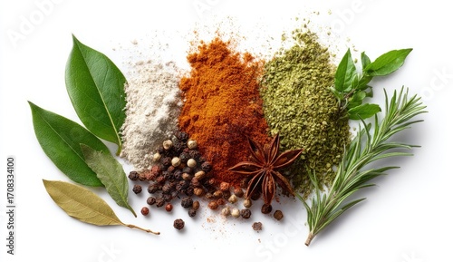 Fototapeta Naklejka Na Ścianę i Meble -  Colorful spice blend arranged on white background.  Fresh herbs and spices, including bay leaves, peppercorns, and star anise, are artfully arranged in a variety of colors and textures