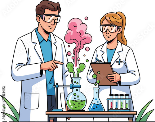 Scientists working together on chemical experiment, lab research, teamwork in laboratory, safety goggles, scientific discovery,